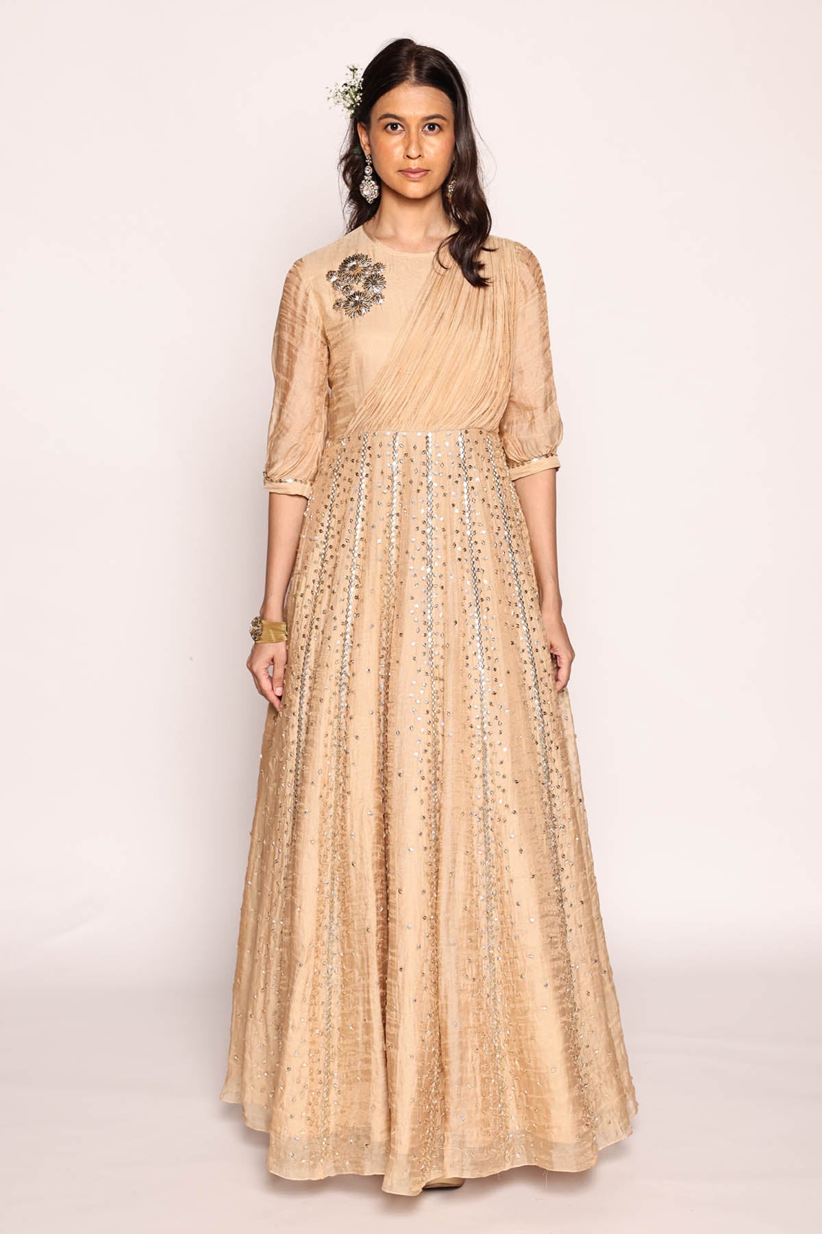 Beige Panelled Drape Dress at ScrollnShops